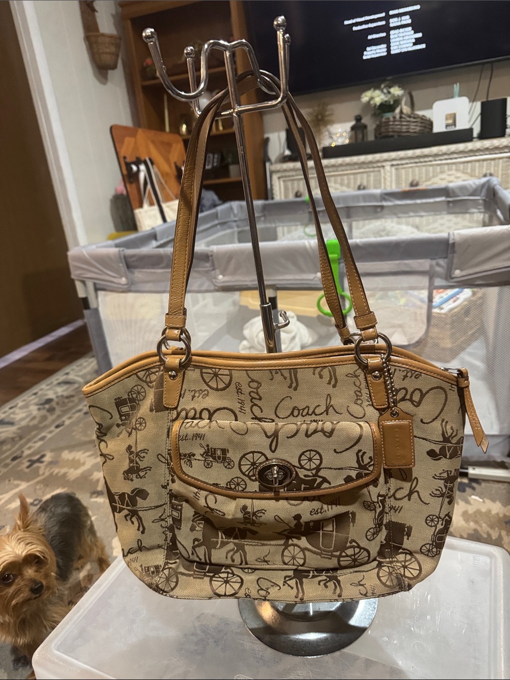Coache Canvas Shoulder Bag in Tan and Brown Script